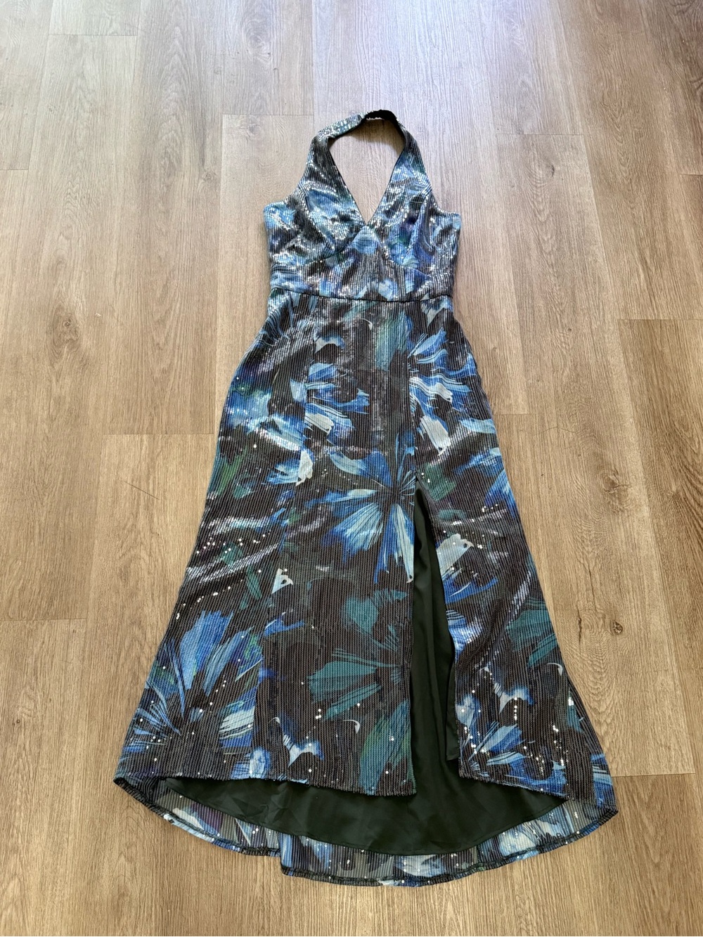 hutch keleigh blue & black floral halter sequin maxi summer gown dress small NEW